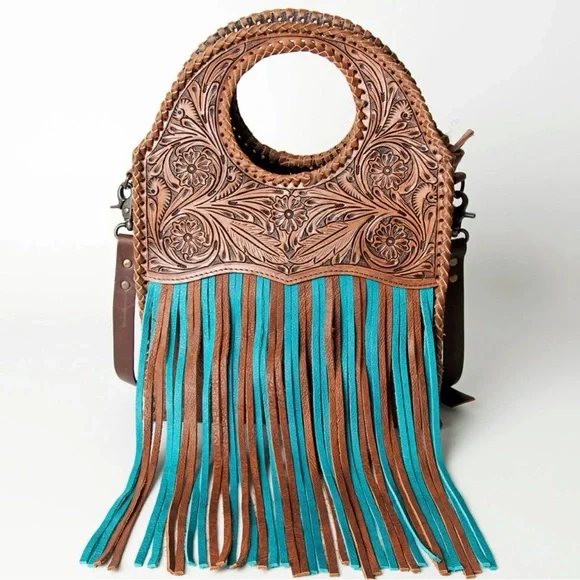 Western Bag Genuine Tooled Leather Brown & Teal Handcrafted Fringe Bag Cowgirl 🔥 - Picture 2 of 4